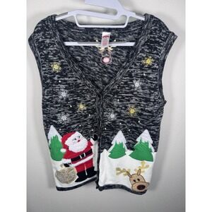 VTG Ugly Christmas Sweater Vest Santa & Reindeer Knit Holiday Vest size L/G